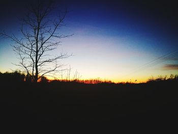 Silhouette bare trees on field against clear sky at sunset