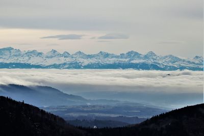 Scenic view of mountains against sky during sunset