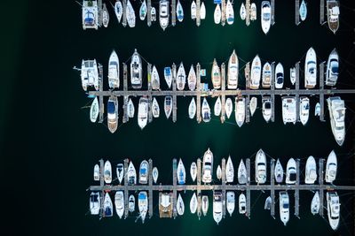 High angle view of boats moored on sea