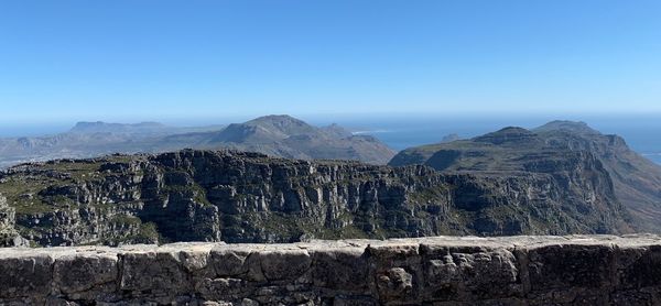 Scenic view of mountains against clear blue sky