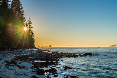 Scenic view of sea against clear sky during sunset