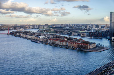 Aerial view of the river nieuwe maas with noordereiland neighbourhood around sunset on a winter day