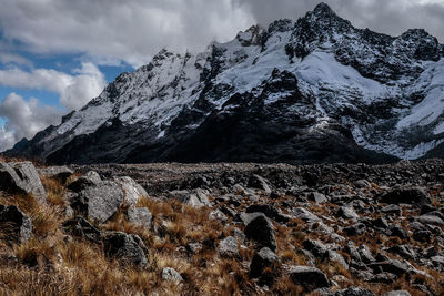 Scenic view of mountains against sky during winter