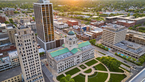 High angle view of buildings in city