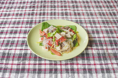 High angle view of food served on table