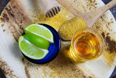 High angle view of drink on table