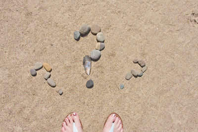 Low section of person standing on sand at beach