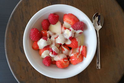 High angle view of strawberries in bowl on table