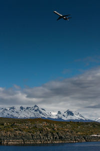 Birds flying over snowcapped mountains against sky