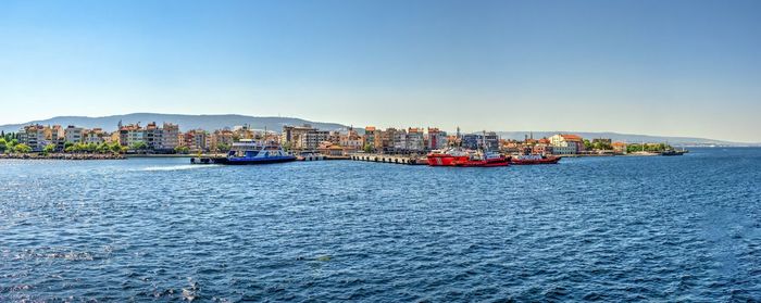 Scenic view of sea against clear blue sky