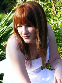 High angle view of woman with brown hair