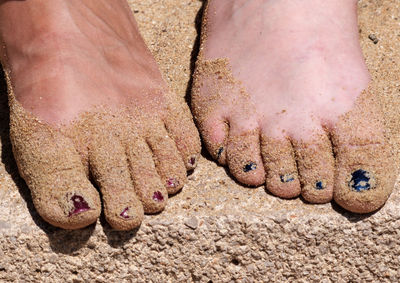 Low section of two women standing on sand