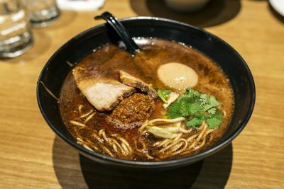 Close-up of ramen noodles on bowl