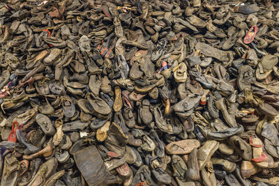 Boots of victims in the auschwitz - birkenau concentration camp. oswiecim, poland, 17 july 2022