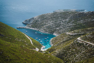 High angle view of sea and rocks