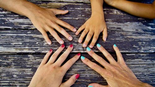 Close-up of hands on wooden table