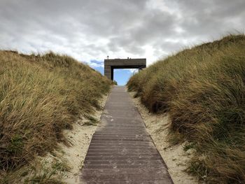 Boardwalk amidst plants on field against sky