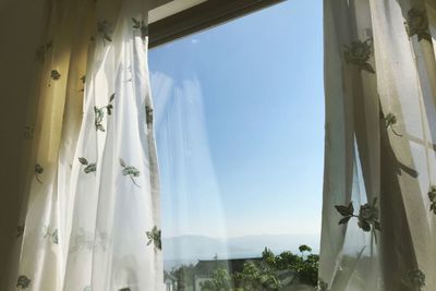 Low angle view of trees seen through window