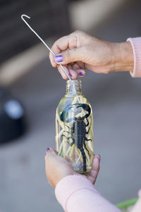 Cropped hand of woman holding glass bottle with scorpion