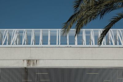 Low angle view of modern building against clear blue sky