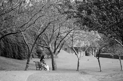 Woman standing on tree trunk