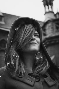 Close up lady with lights in hair on street monochrome portrait picture