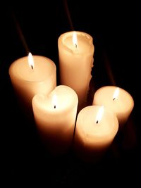 Close-up of lit candle against black background