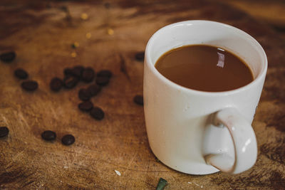 High angle view of coffee cup on table