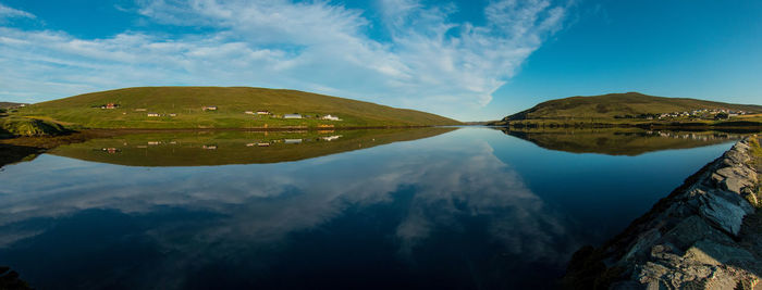 Panoramic view of lake and mountains against blue sky