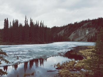 Scenic view of lake against cloudy sky