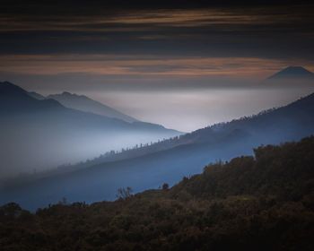 Scenic view of mountains against sky during sunset