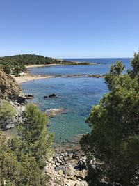 Scenic view of sea against clear blue sky