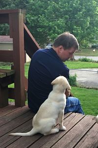 Man with dog sitting on wood against trees