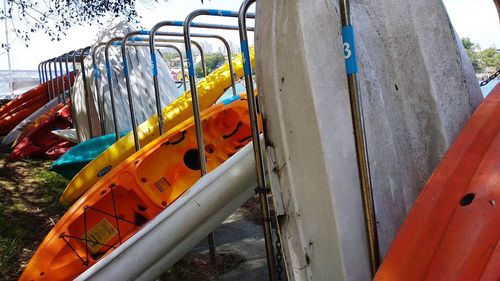 Close-up of yellow wheel in playground