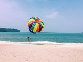 People parasailing over beach against sky