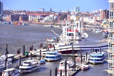 High angle view of boats moored at harbor