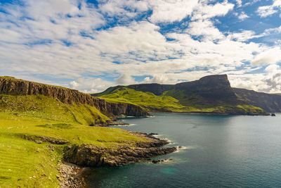 Scenic view of sea and mountains against sky