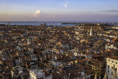 Aerial panoramic view of venice and the lagoon from the top of campanile di san marco 