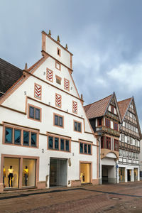 Street with decorative half-timbered houses in lemgo city center, germany