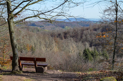 Empty bench on field against sky during autumn