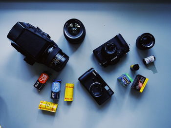 High angle view of camera on table