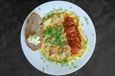 High angle view of breakfast served in plate