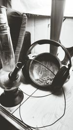 High angle view of drink in glass on table