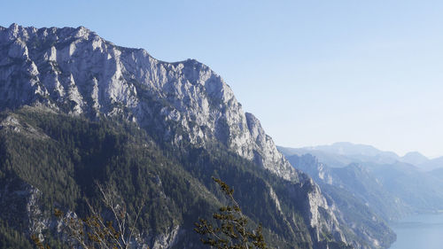 Scenic view of snowcapped mountains against clear sky