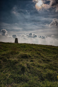 Scenic view of grassy field against cloudy sky