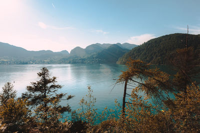 Scenic view of lake and mountains against sky