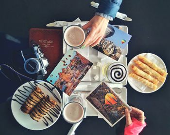 High angle view of breakfast on table