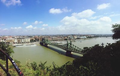 High angle view of liberty bridge over danube river against sky in city