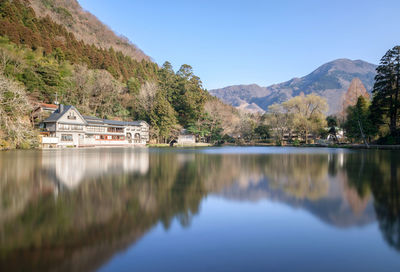 Scenic view of lake by trees against sky