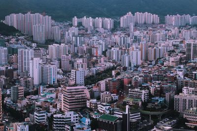 High angle view of modern buildings in city